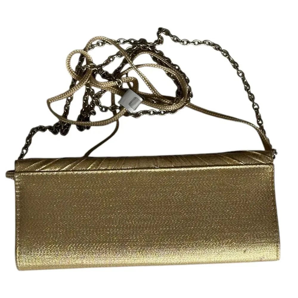 Kate Landry Evening Clutch Bag Metallic Gold Pleated Design Chain Strap